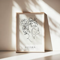 Alvara – Mystisches Line Art Portrait mit Blumen | Kunstdruck im Holzrahmen